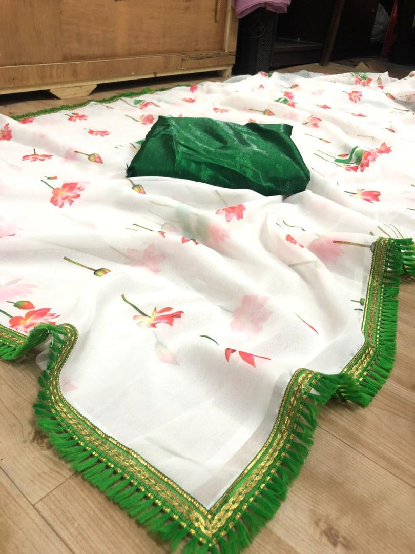 White georgette digital flower printed saree