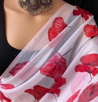 White georgette digital flower printed work saree