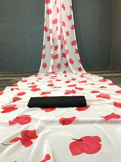 White georgette digital flower printed work saree