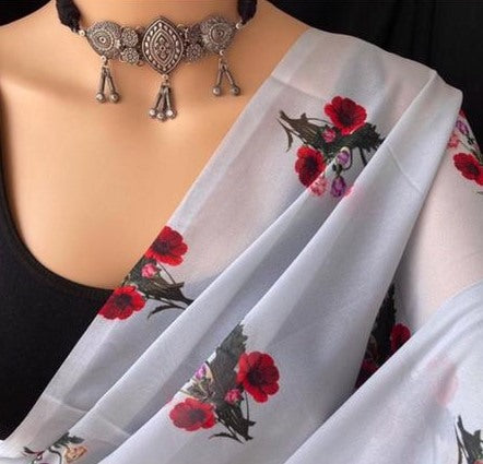 White georgette digital flower printed work saree