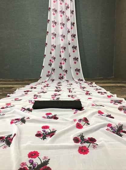 White georgette digital flower printed work saree