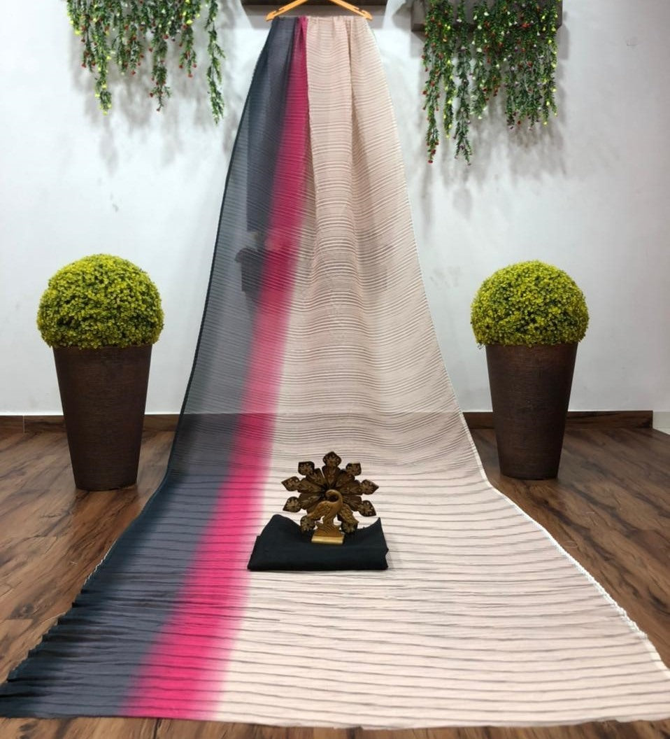 White georgette digital pleats printed work saree