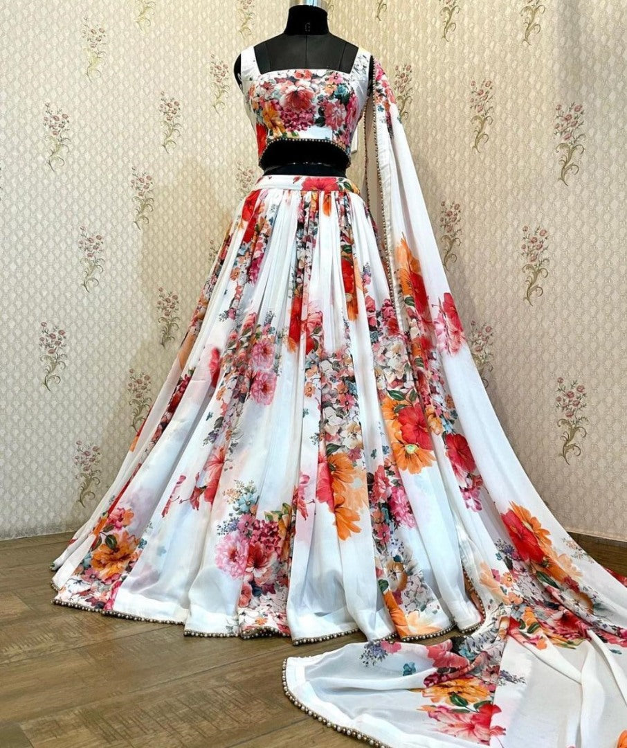 White georgette digital prinetd party wear lehenga choli