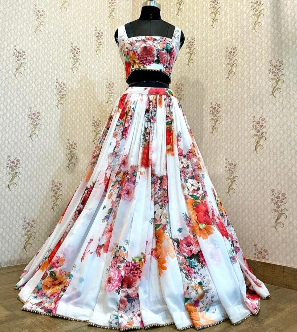 White georgette digital prinetd party wear lehenga choli
