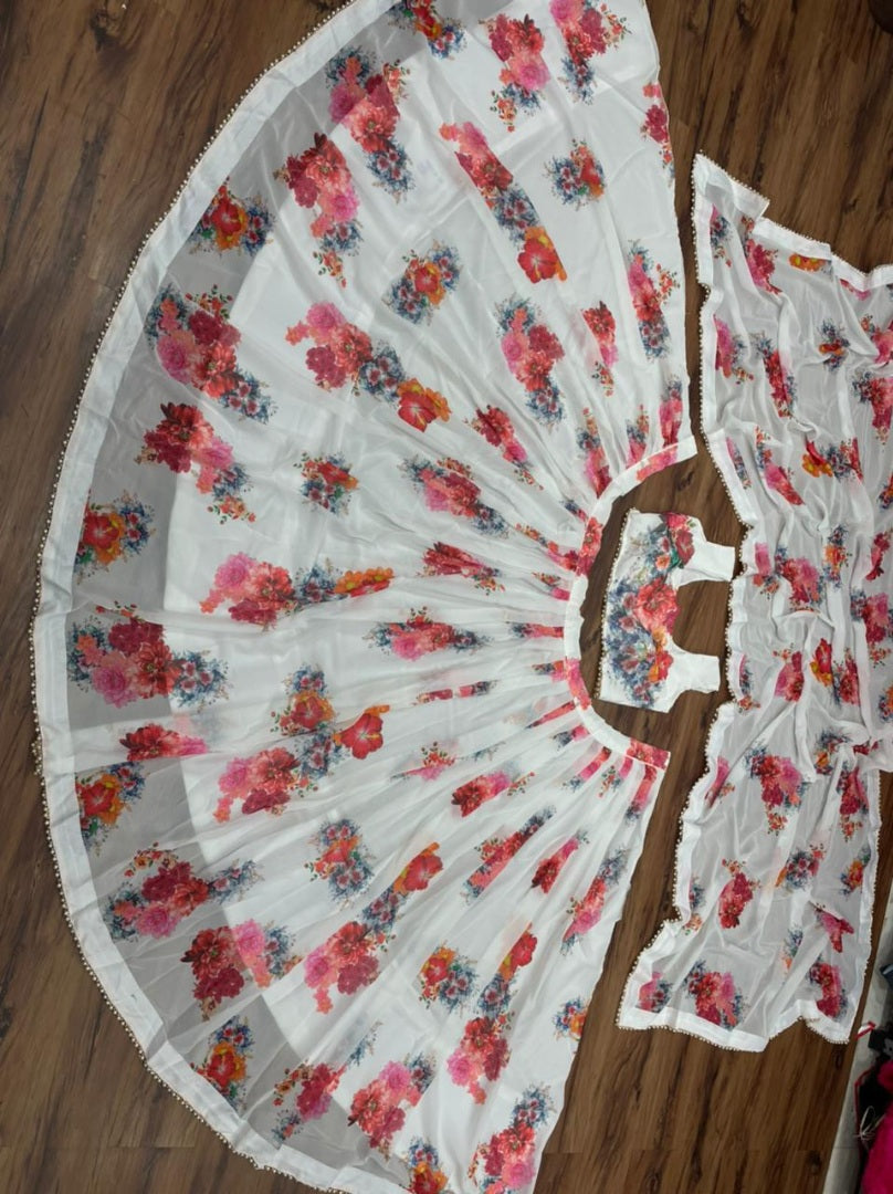 White georgette digital prinetd party wear lehenga choli