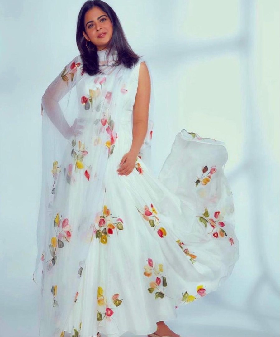 White georgette digital printed anarkali suit