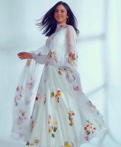 White georgette digital printed anarkali suit