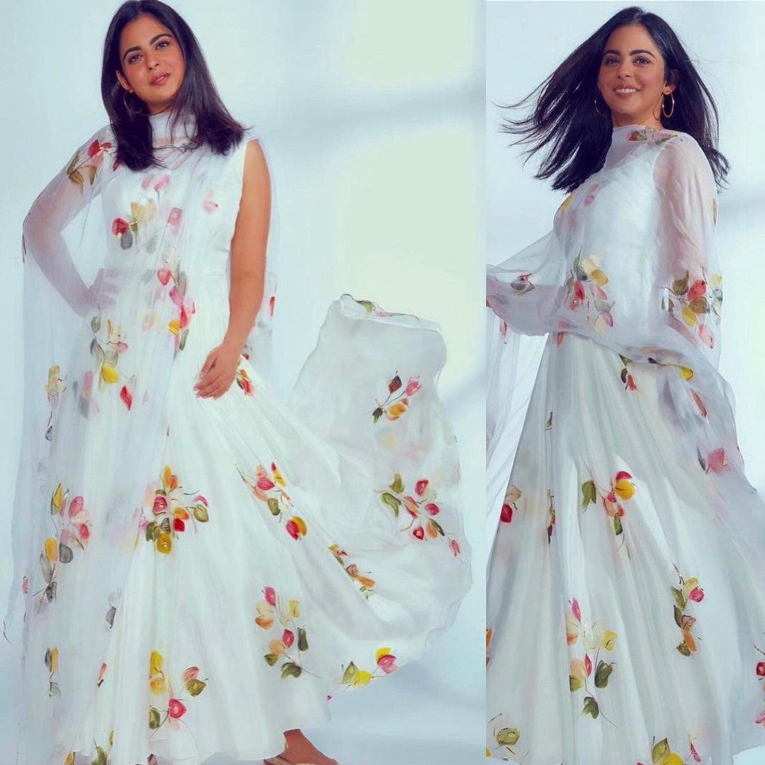 White georgette digital printed anarkali suit