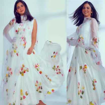 White georgette digital printed anarkali suit