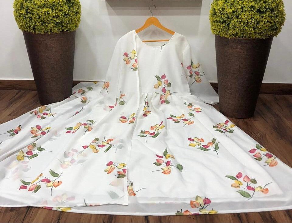 White georgette digital printed anarkali suit