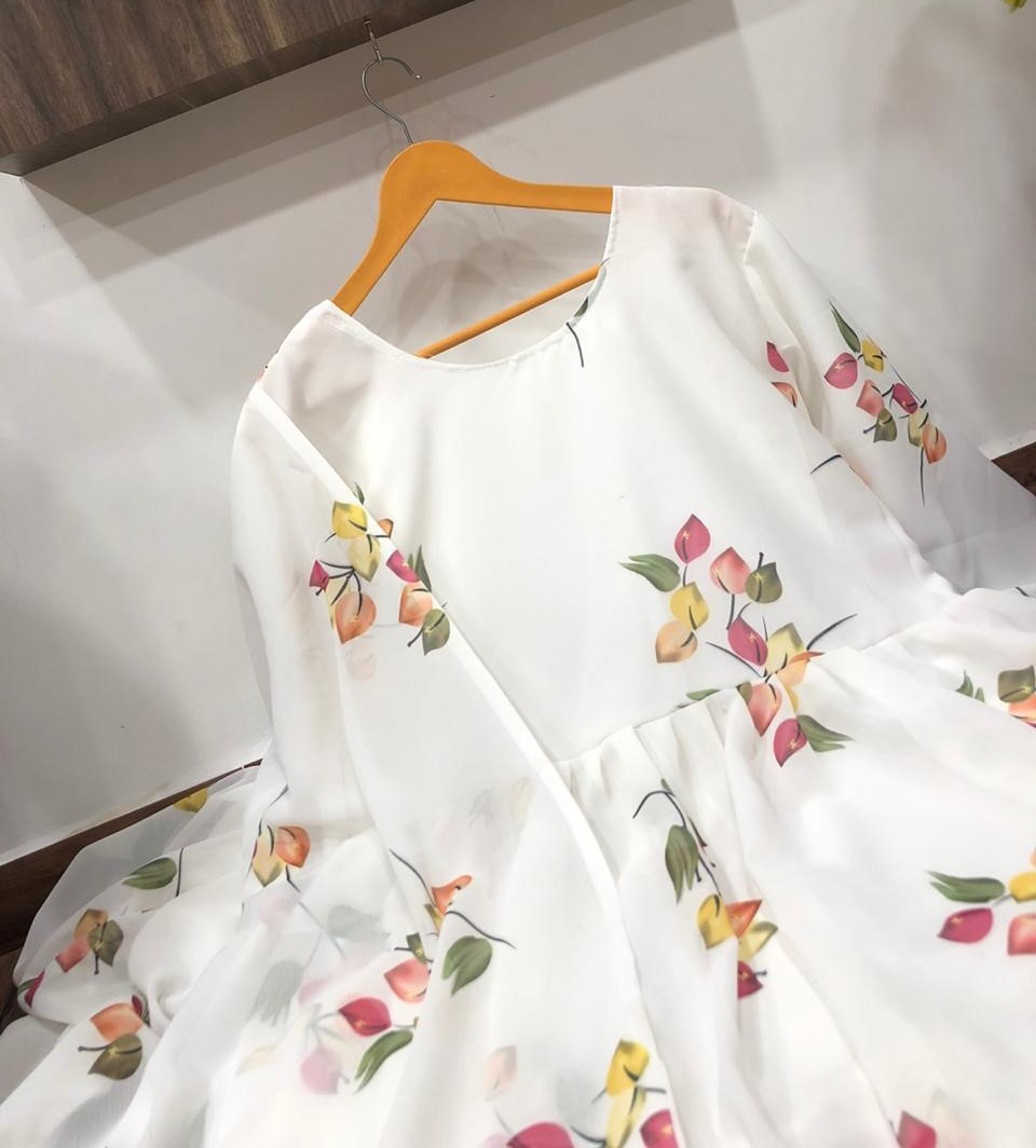 White georgette digital printed anarkali suit