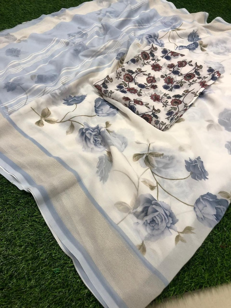 white georgette digital printed casual saree