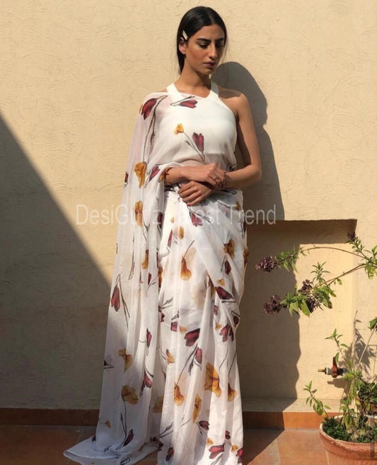 White georgette digital printed flower saree