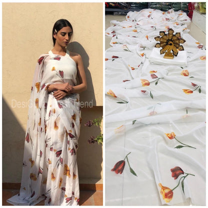 White georgette digital printed flower saree
