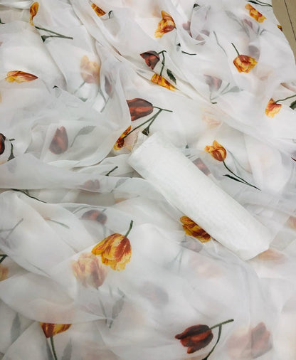 White georgette digital printed flower saree