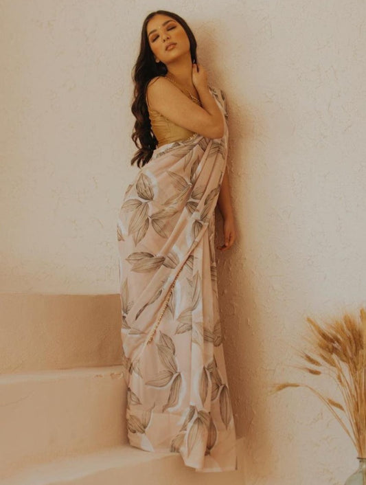 White georgette digital printed motilace saree