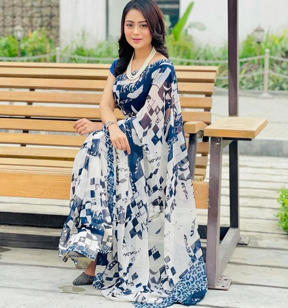 White georgette digital printed saree