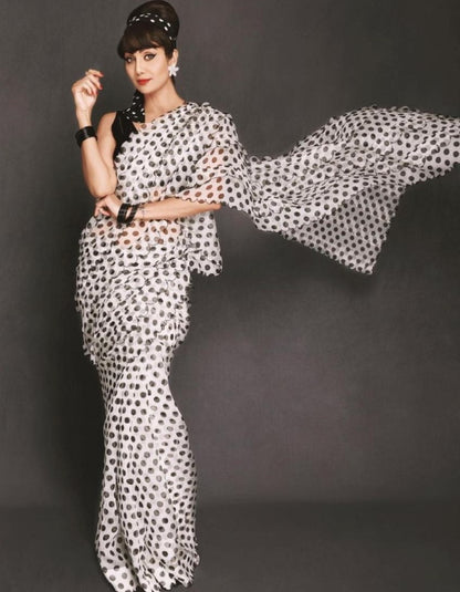 White georgette digital printed saree