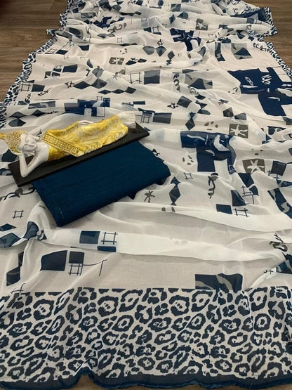 White georgette digital printed saree