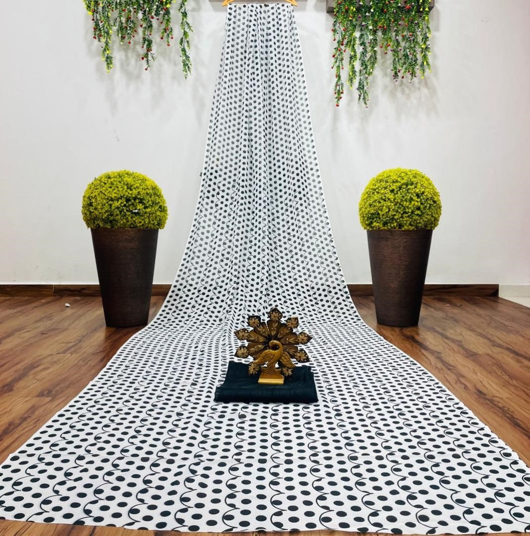 White georgette digital printed saree