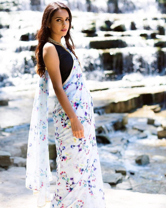 White georgette digital printed stylist moti lace saree