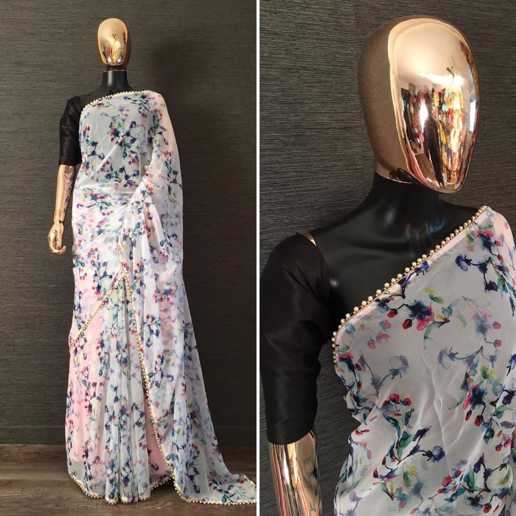 White georgette digital printed stylist moti lace saree