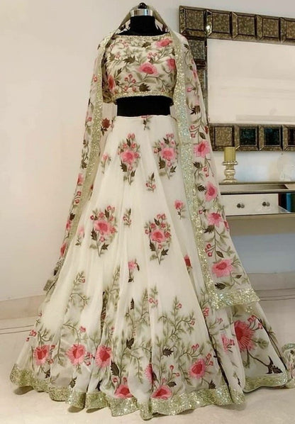 White georgette digital printed wedding lehenga choli