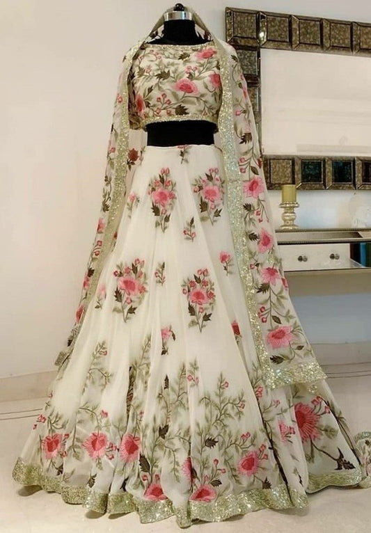 White georgette digital printed wedding lehenga choli