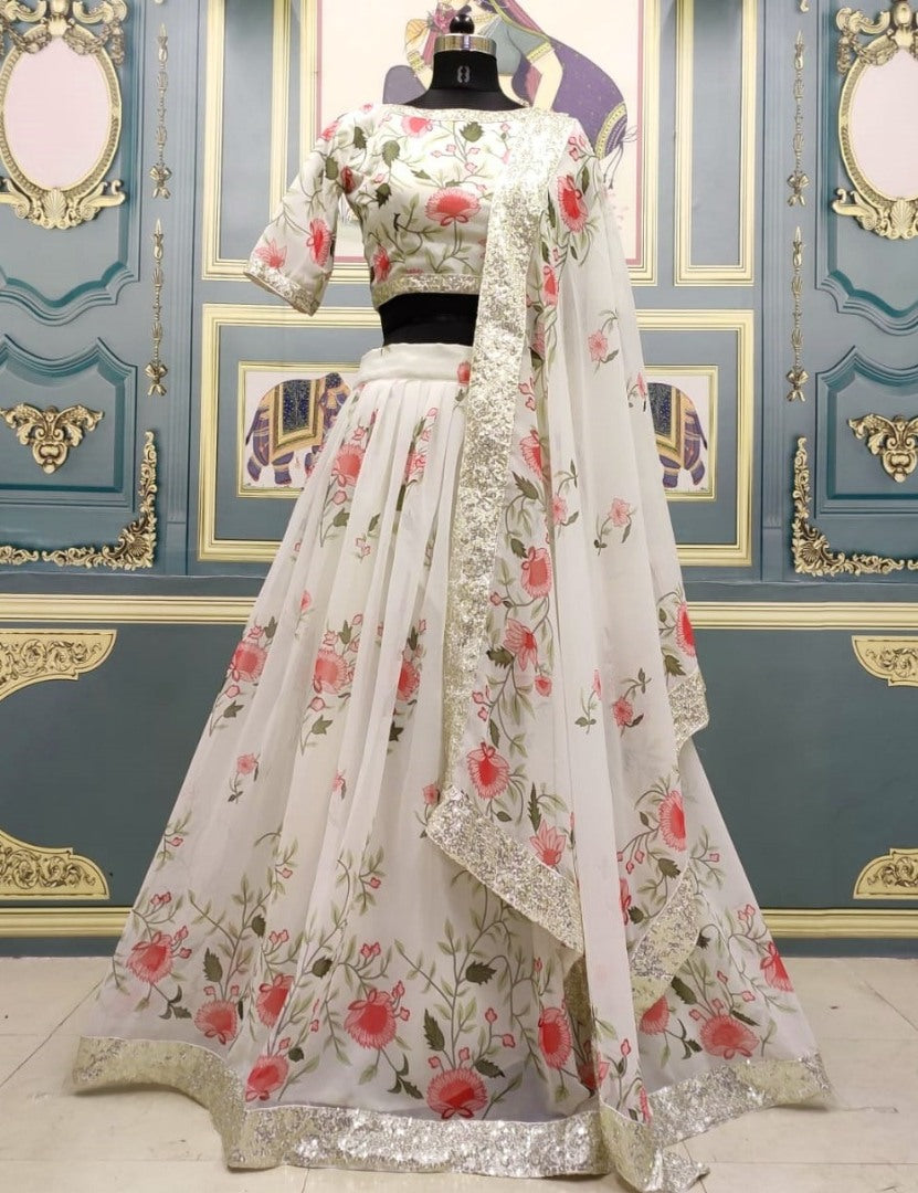 White georgette digital printed wedding lehenga choli
