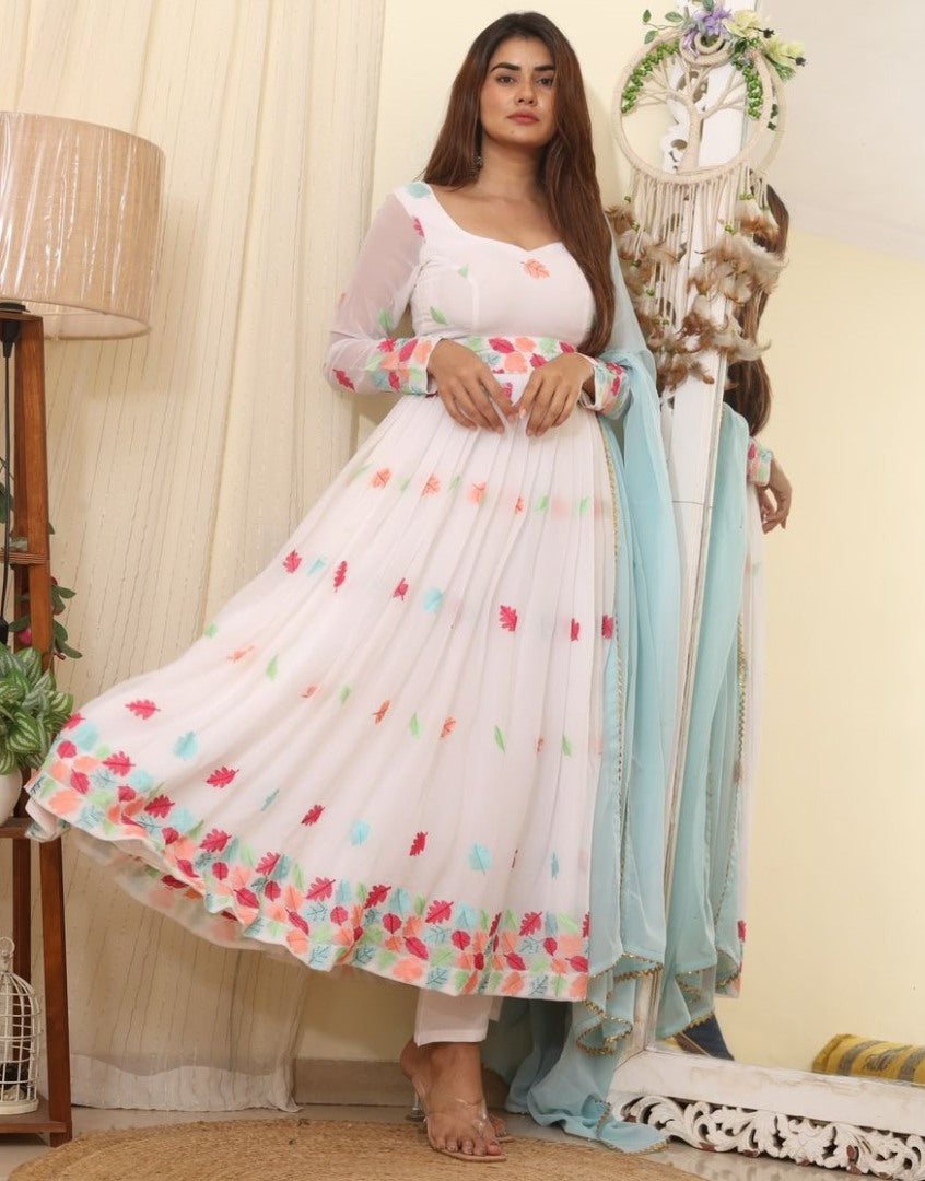 White georgette embroidered anarkali suit