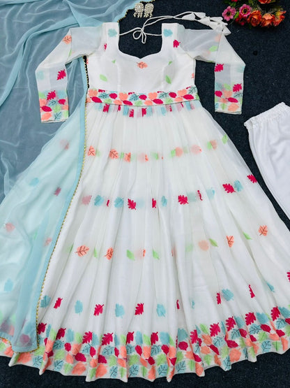White georgette embroidered anarkali suit