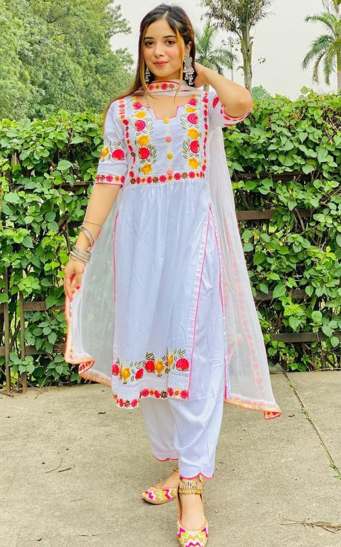 White georgette embroidered buttons work salwar suit
