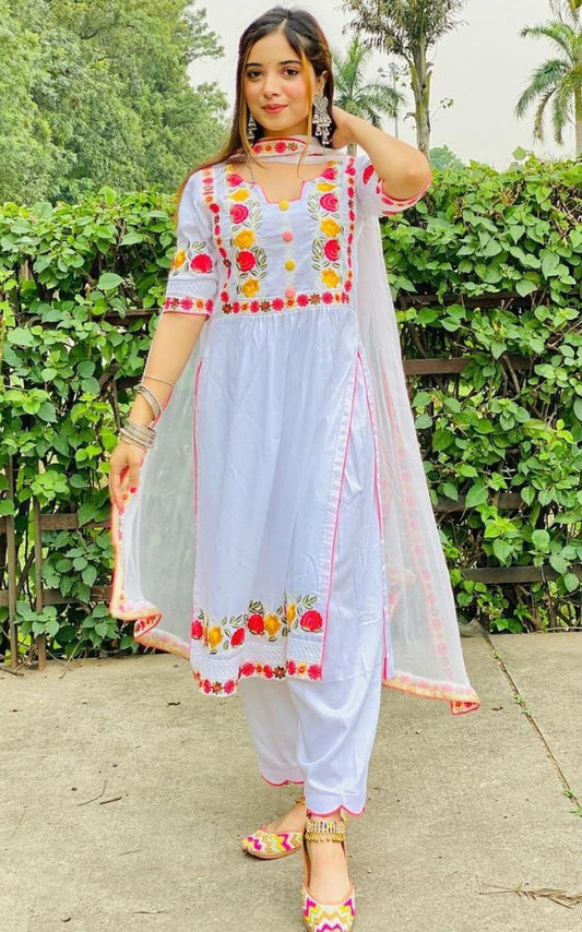 White georgette embroidered buttons work salwar suit