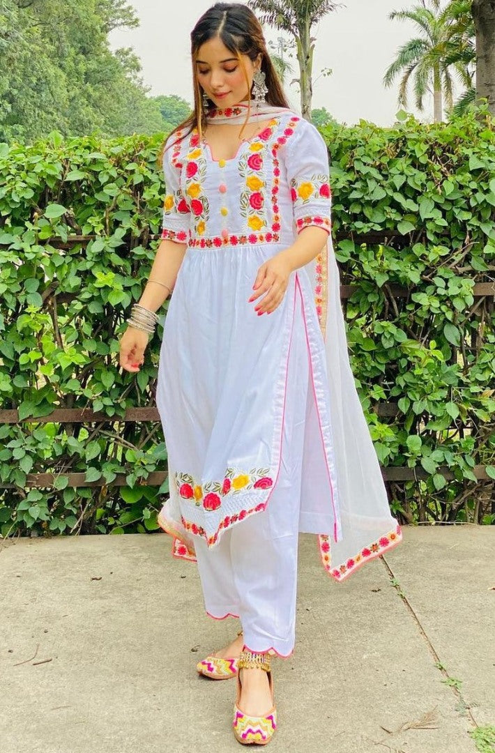 White georgette embroidered buttons work salwar suit