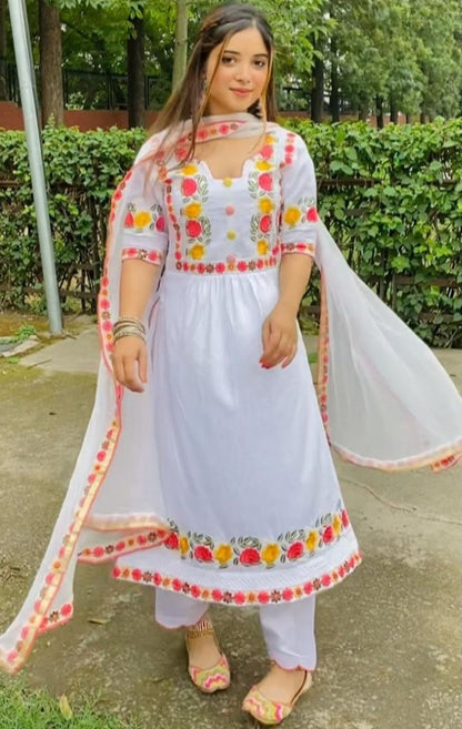 White georgette embroidered buttons work salwar suit