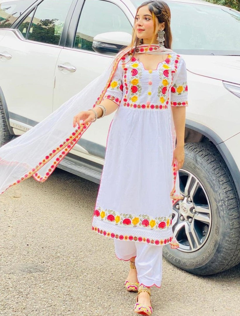 White georgette embroidered buttons work salwar suit