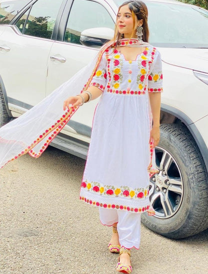 White georgette embroidered buttons work salwar suit