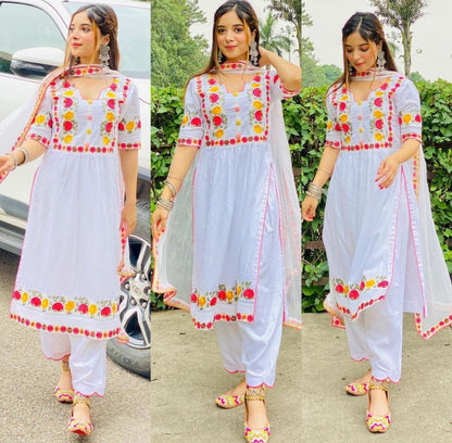 White georgette embroidered buttons work salwar suit