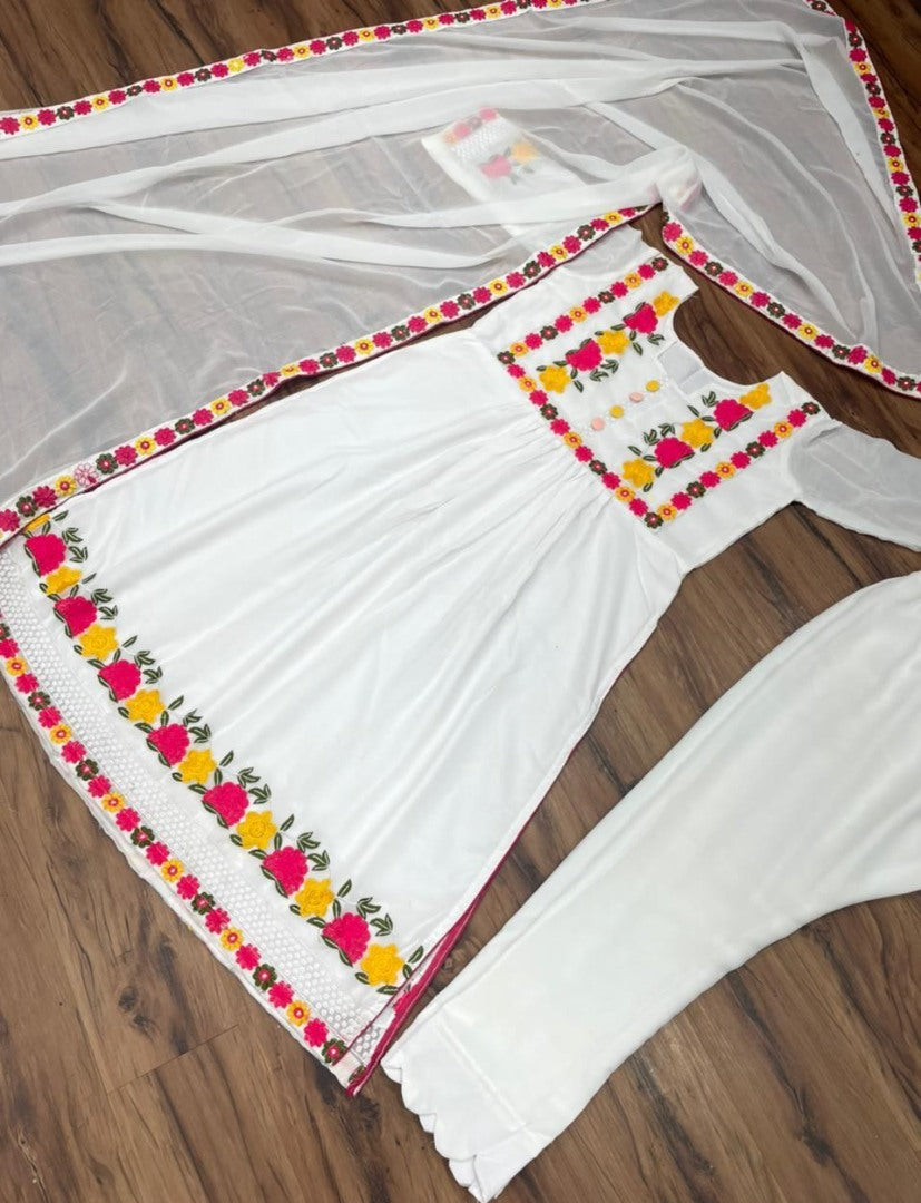 White georgette embroidered buttons work salwar suit