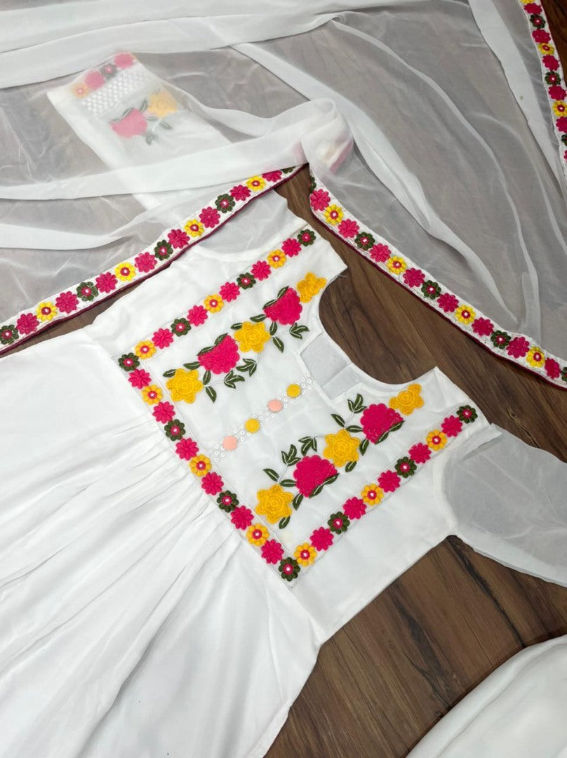 White georgette embroidered buttons work salwar suit
