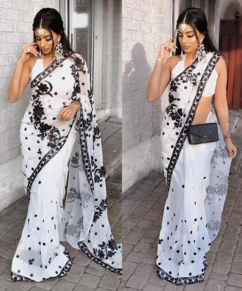 White georgette embroidered ceremonial saree