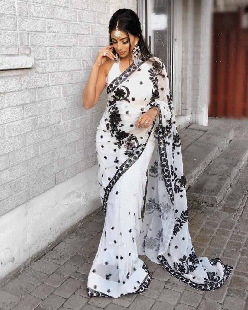 White georgette embroidered ceremonial saree