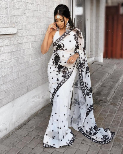 White georgette embroidered ceremonial saree