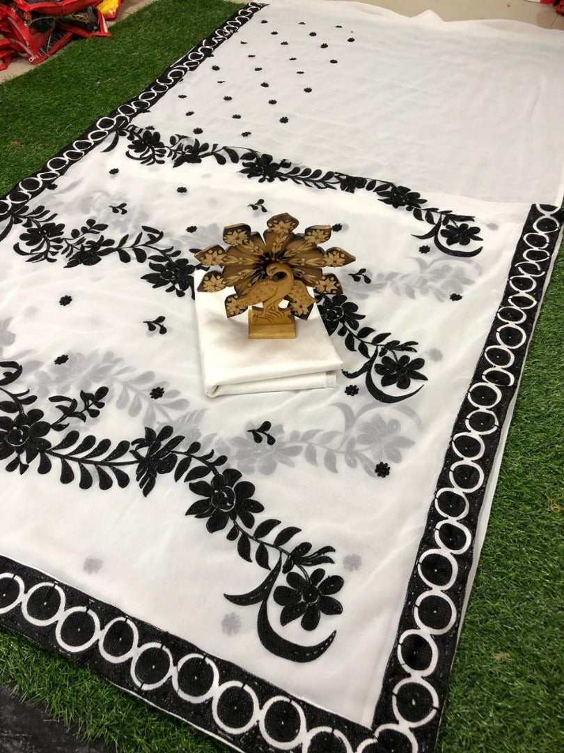 White georgette embroidered ceremonial saree