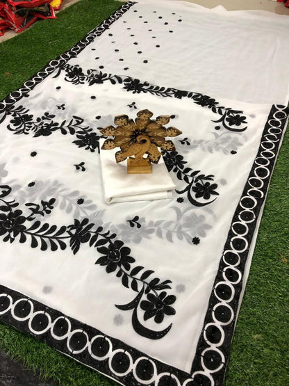 White georgette embroidered ceremonial saree