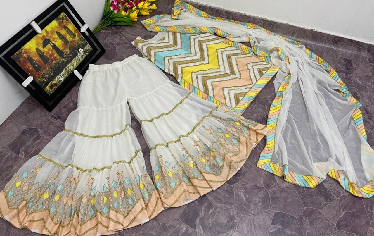 White georgette embroidered chen work sharara plazzo suit