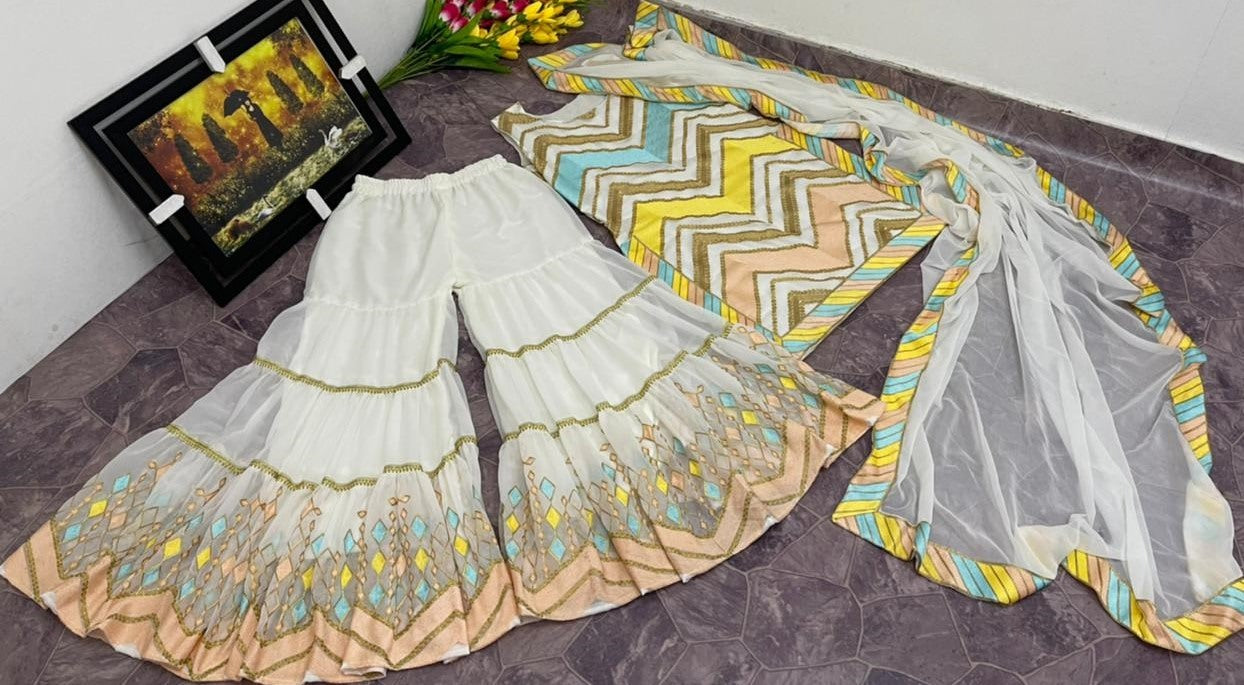 White georgette embroidered chen work sharara plazzo suit