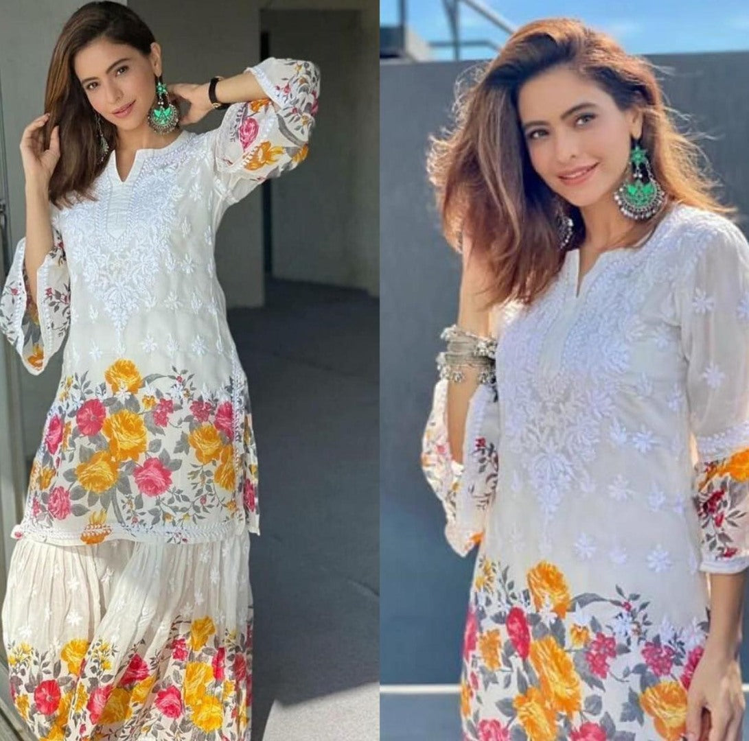 White georgette embroidered flower printed top with sharara