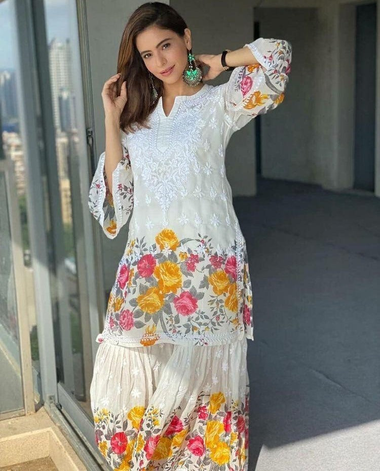 White georgette embroidered flower printed top with sharara