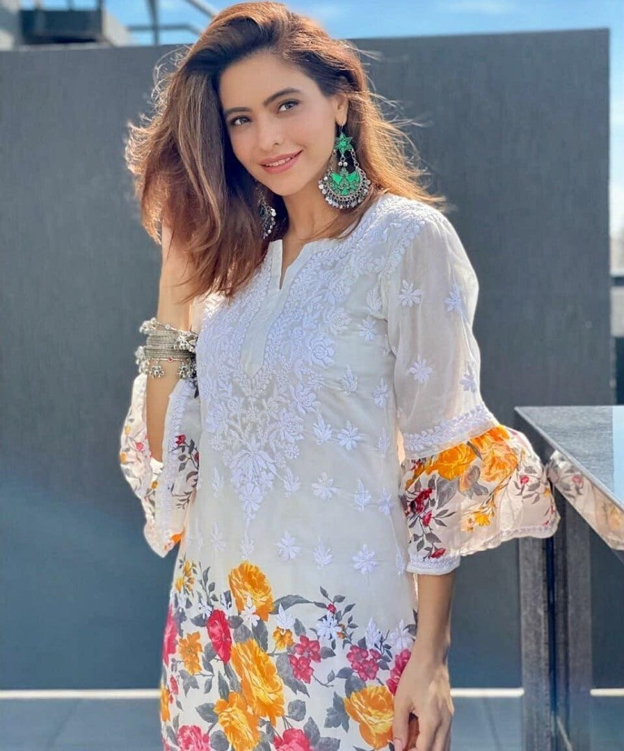 White georgette embroidered flower printed top with sharara